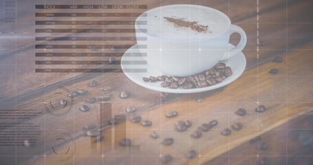 Sitting white ceramic coffee cup with froth on saucer at wooden table, market overlays, copy space