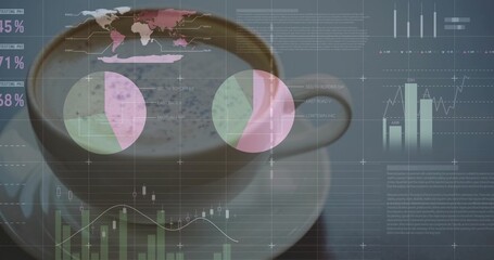 Displaying white ceramic coffee cup sitting on matching saucer at cafe desk, with HUD overlays