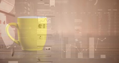 Sitting yellow ceramic mug on wood table showing glints with faint data charts, beans, copy space
