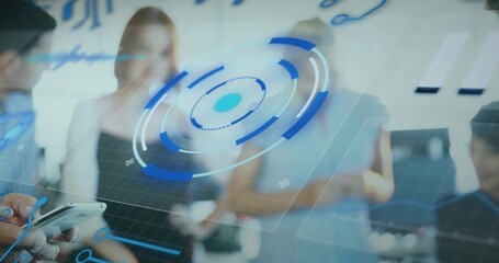 Holding smartphone, man operating AR circular HUD at modern office, team in business attire