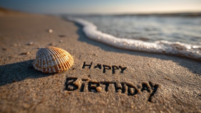Coquillage dor&eacute; sur sable avec message anniversaire grav&eacute; pr&egrave;s des vagues