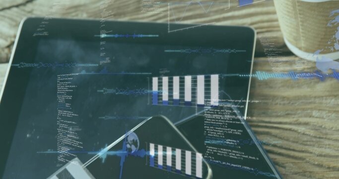 Displaying tablet showing code and waveform overlays on wooden tabletop with smartphone and cup - Powered by Adobe