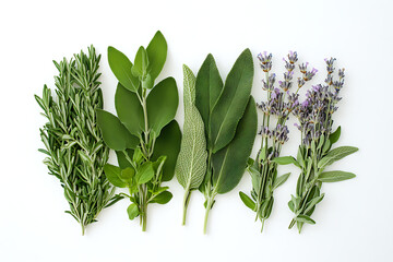 Fresh Culinary Herbs Selection Isolated on White Background,  Assorted Green Herbs and Lavender Sprigs on White Background.