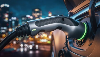 Electric car charging plug glowing green with a blurred city street in the background at night, symbolizing eco-friendly transportation and future mobility