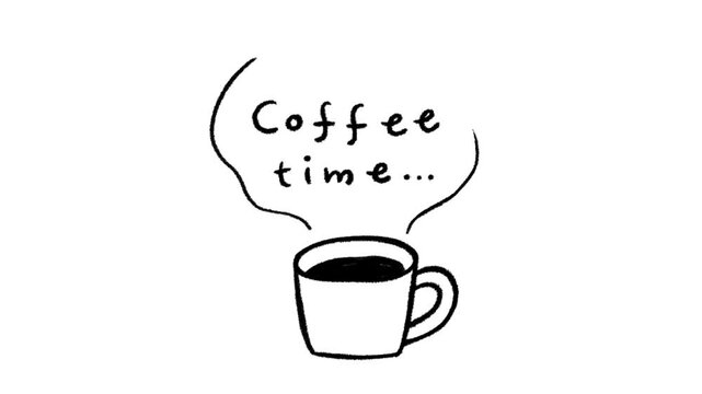 手書きの「コーヒータイム」動画。かわいいコーヒーカップと湯気。チルアウト。