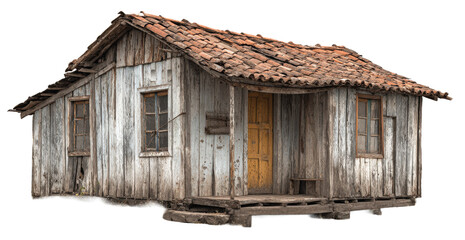 Rustic Wooden Cabin with Tiled Roof and Weathered Exterior