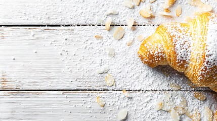 Golden Brown Croissant with Almond Filling and Powdered Sugar on Wooden Board