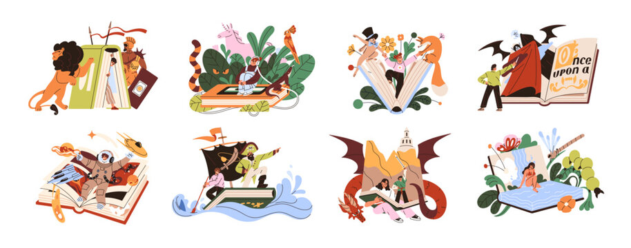 Concept set of fairy tale adventures. Kids are reading fantasy books and traveling in magic worlds. People imagine, immersive in child stories. Flat isolated vector illustrations on white background.