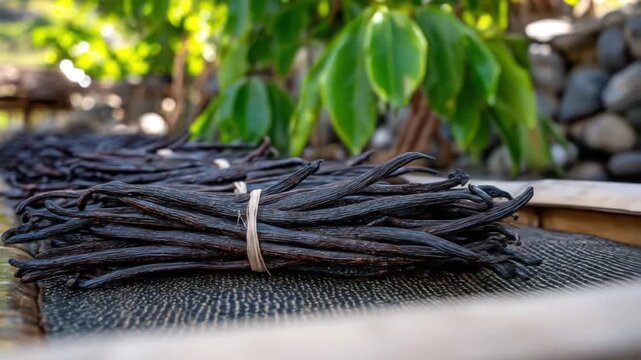 Close-up of dark brown vanilla beans bundled and tied on a textured surface, green foliage in the back