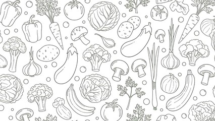 Vegetables and Fruits Line Drawing Pattern