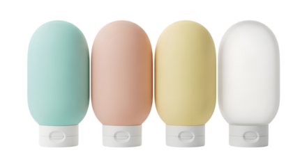 Four colored squeeze bottles in a row isolated on a transparent background