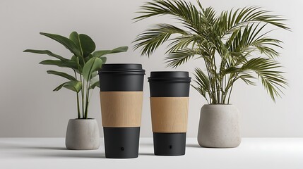 Kraft Paper Coffee Cups Mockup with Lid and Sleeve