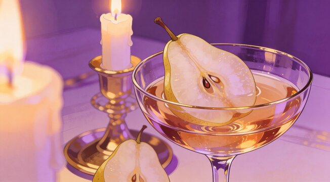 High-quality commercial illustration of dessert wine glass with pear slices, intimate close-up, cand