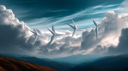 Surreal scene of flying wind turbines in the sky, dreamlike visuals. Electricity in nature or clean energy concept. Wind turbine producing alternative energy against a beautiful dramatic sk