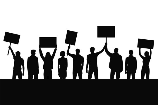 Diverse group of people protesting with blank signs in a demonstration for social justice and equality silhouette of activists raising banners in peaceful protest for human rights and political change