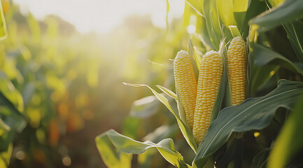 Fresh Sweet Corn on the Stalk Ready for Harvest in a Sunny Organic Farm