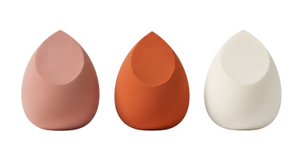 Three teardrop shaped containers in pink orange and white isolated on a transparent background