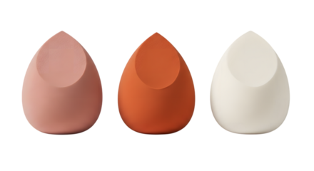 Three teardrop shaped containers in pink orange and white isolated on a transparent background