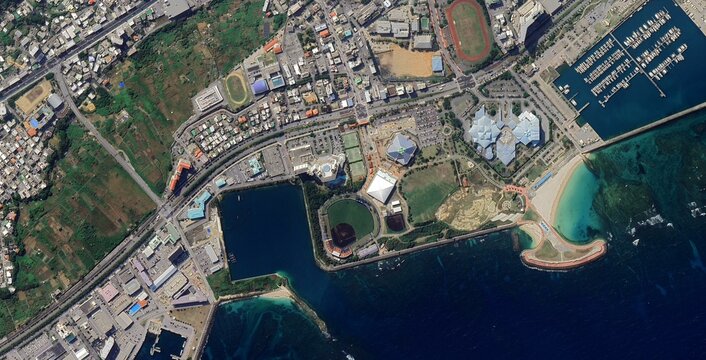 Aerial View of Ginowan Seaside Park and Convention Center in Okinawa, Japan
