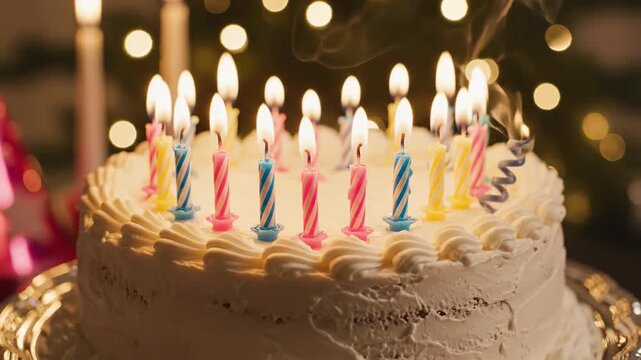 Decorated cake with burning candles illuminated by soft light festive celebration
