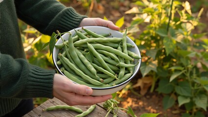 Person holding a bowl of freshly harvested green beans in a garden. Organic farming and healthy lifestyle concept. Close up of hands with fresh vegetables during golden hour