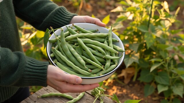 Person holding a bowl of freshly harvested green beans in a garden. Organic farming and healthy lifestyle concept. Close up of hands with fresh vegetables during golden hour - Powered by Adobe