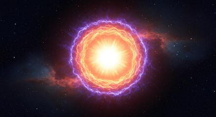 Intense stellar fusion radiates brightly within a swirling cosmic energy field against a deep space backdrop