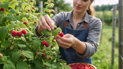 Female farmer harvesting ripe raspberries in an organic garden. Woman picking fresh red berries from a bush into a basket