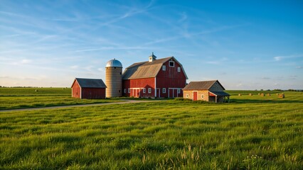 Classic red barn and silo on a farm in the American countryside. Rural agricultural landscape with green fields at sunset. Idyllic midwest scene with copy space
