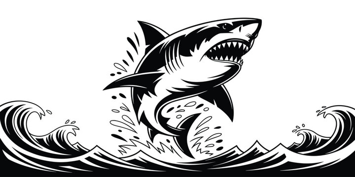 Great White Shark Leaping Out of Ocean Waves Black and White Vector Illustration Aggressive Predator Marine Wildlife Dangerous Sea Animal Graphic Design for T-shirts Logos Posters Adventure Travel Com