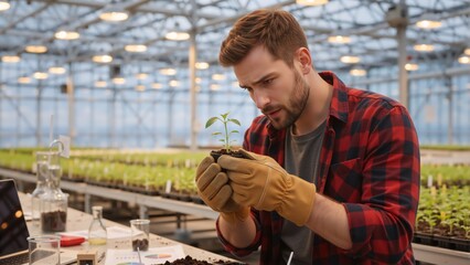 Male botanist inspecting a seedling in a greenhouse. Professional researcher examining plant growth for agricultural science. Man in plaid shirt working in a plant nursery