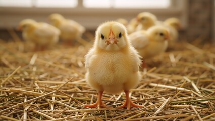 A cute yellow baby chick stands on a bed of straw looking at the camera. Close-up of a small fluffy newborn chicken on a farm. Agriculture and new life concept