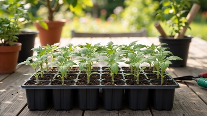 Young tomato plant seedlings growing in a black starter tray on a wooden table. Home gardening and horticulture in the spring season