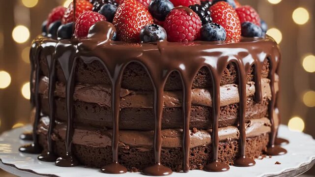 Delicious chocolate cake with fresh berries and dripping chocolate