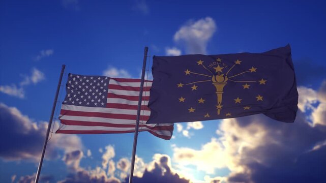 Flags of the United States and Indiana Waving Against Dramatic Sunset Sky