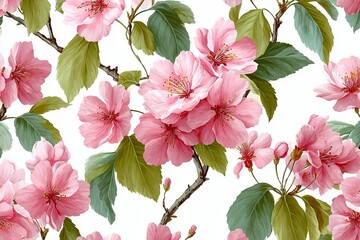 Luxurious hand-painted watercolor seamless repeatable pattern featuring vintage floral pattern, pink cherry blossom and green leaves on white background