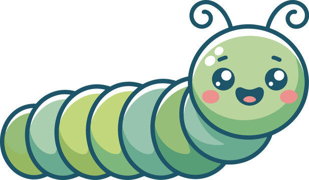 Cute cartoon caterpillar smiling character illustration crawling on white background adorable kawaii insect design for children's book animation learning materials nature education playful graphic ele