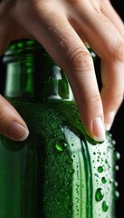 Female hand with water droplets gripping a cold condensation covered green glass bottle on a dark background
