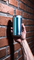 Muscular hand holding a plain silver aluminum can against a textured brick wall with a distinct blue light reflection