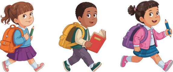 Three diverse elementary school students walking with backpacks and books, education and back to school vector