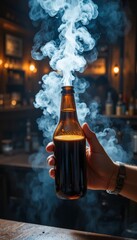 A hand holds a brown glass bottle filled with dark liquid White smoke vigorously billows from the open bottle's neck