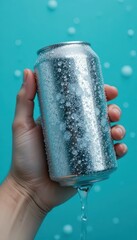 Human hand holds a cold silver aluminum can covered in water droplets Water drips from the bottom of the can against a