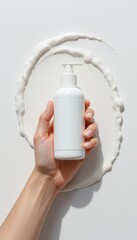A person's hand holds a blank white pump bottle against a clean white background White creamy liquid swirls around the