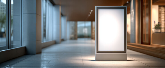 Blank vertical advertising billboard in modern indoor corridor with glass walls and tiled floor under soft lighting