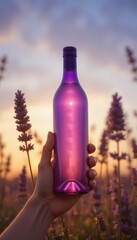 Hand holds a vibrant purple bottle in a fragrant lavender field during a beautiful sunset