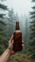 A human hand holds an empty brown glass bottle against a blurred misty evergreen forest background