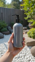 Close up of a hand holding a textured gray pump bottle with a black dispenser in a bright outdoor garden setting