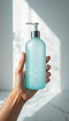 Female hand holds a textured light blue pump dispenser bottle against a sunlit white wall with subtle shadows