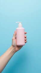 A person's bare hand holds a pastel pink pump bottle with a white dispenser top The product container is isolated on a