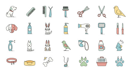 A collection of illustrated pet care icons, featuring dogs, grooming tools, and accessories, perfect for pet shops, veterinary clinics, and pet-related websites and designs.